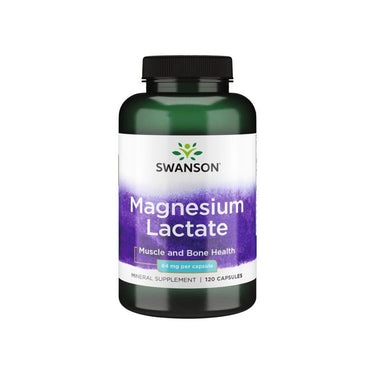 A bottle of Swanson Magnesium Lactate, featuring a dark green lid and labeled for muscle and bone health, contains 120 capsules with 84 mg of magnesium each to support enzyme reactions.